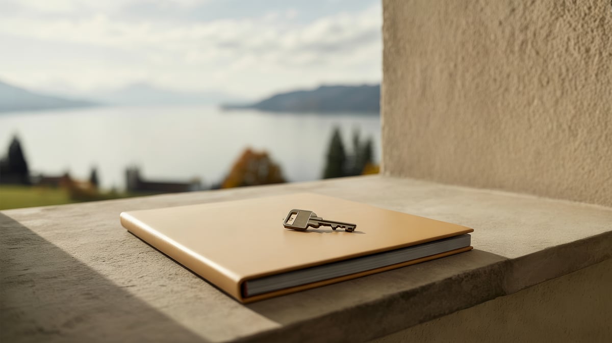 Messingschlüssel auf geschlossener Mappe am Fenster mit Seeblick