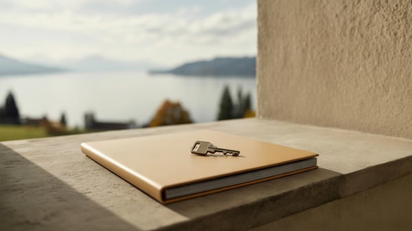 Messingschlüssel auf geschlossener Mappe am Fenster mit Seeblick
