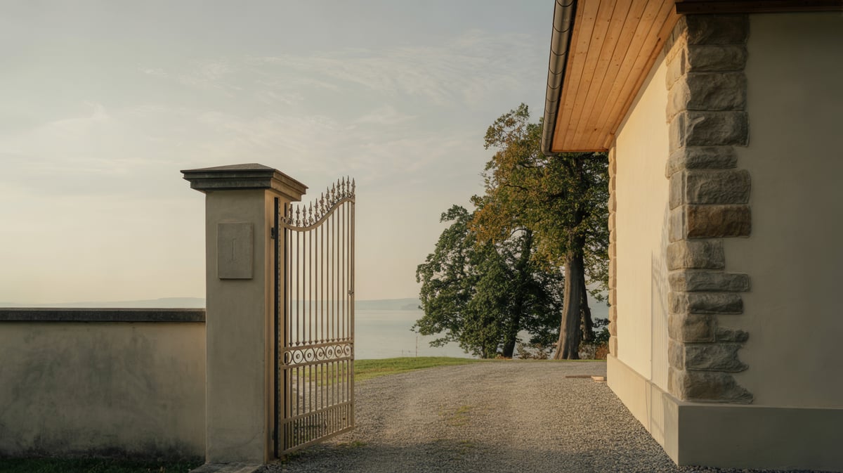 Halb geöffnetes Gartentor in einer Steinmauer vor einer Villa am See