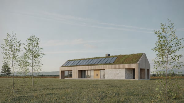 Holzhaus mit Gründach und integrierten Solarmodulen